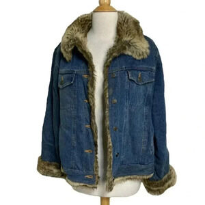Vintage Fabio women's L faux fur lined blue denim‎ jacket Retro Y2K